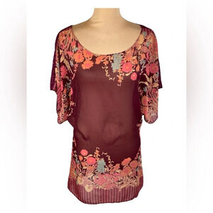 Free People MoMo Womens Size S Maroon Blouse Floral Sheer Lace Backed Top Airy